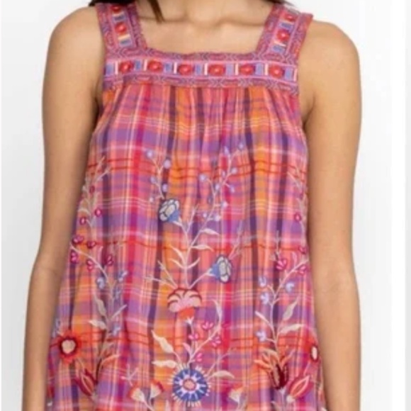 Johnny Was Piper Square Neck Floral Embroidered Plaid Tank Blouse - Picture 1 of 6